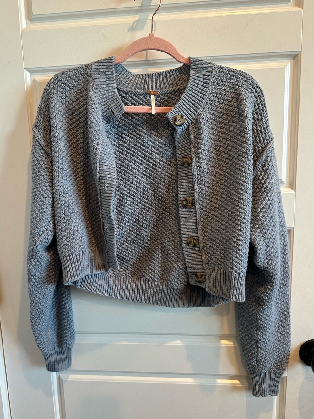 Free People Small Gray Textured Knit Cropped Button Front Cardigan Sweater